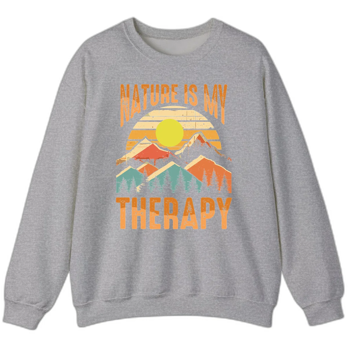 Vintage-style nature is my therapy design featuring layered mountains, sun, and forest with retro stripes and distressed texture in Sport Grey
