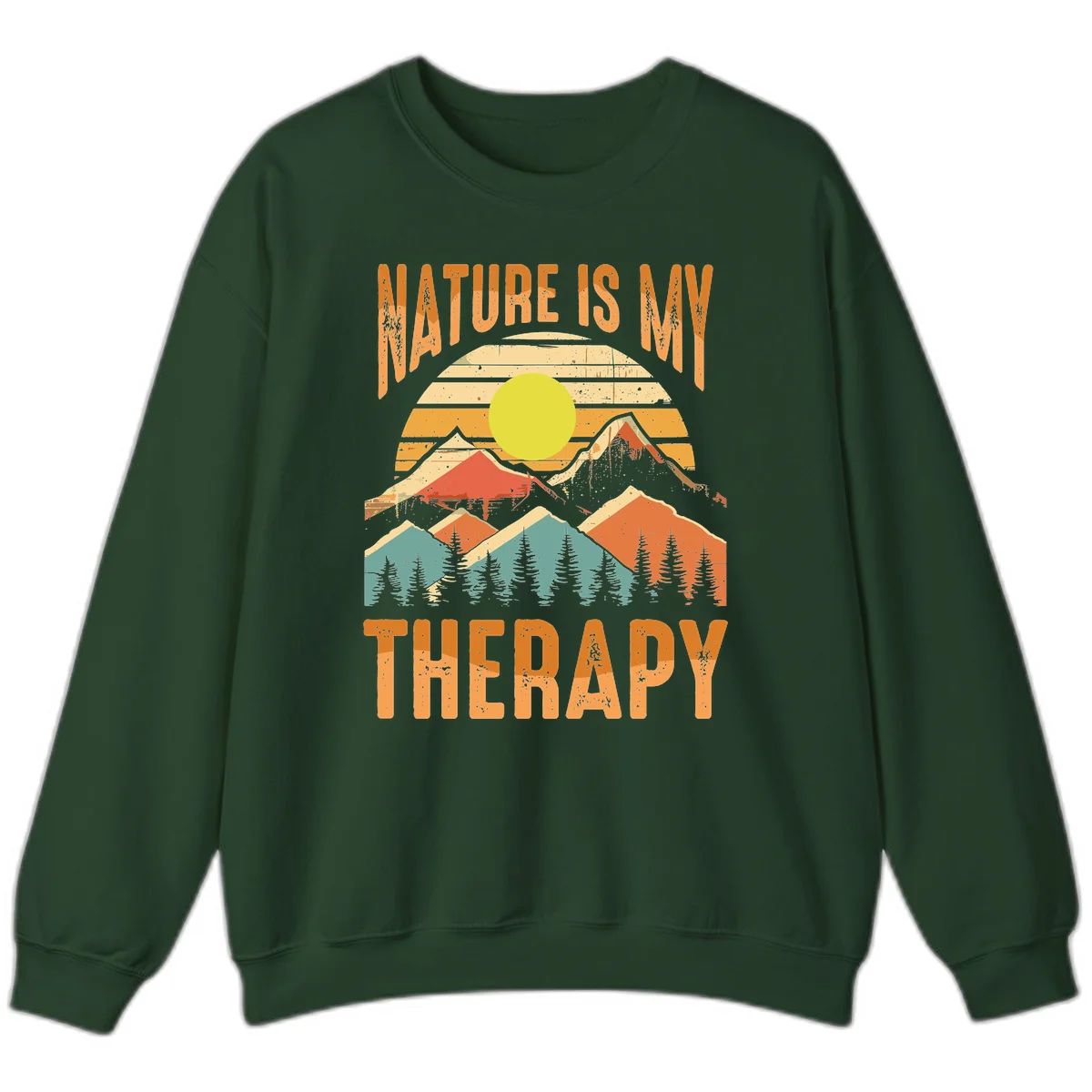 Vintage-style nature is my therapy design featuring layered mountains, sun, and forest with retro stripes and distressed texture in Forest Green