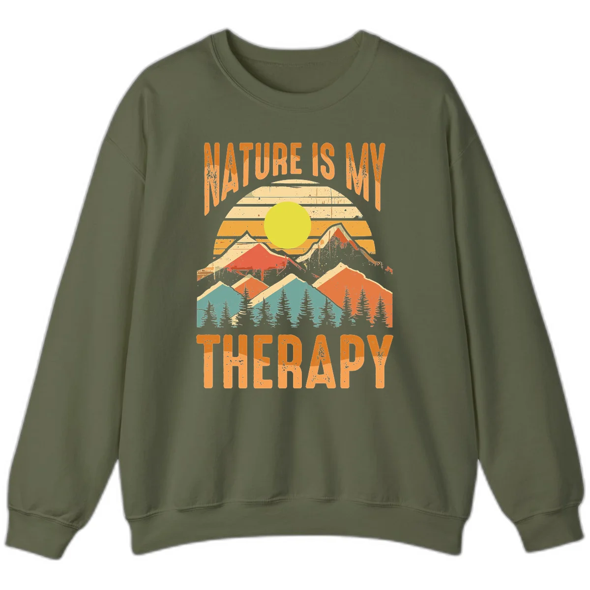 Vintage-style nature is my therapy design featuring layered mountains, sun, and forest with retro stripes and distressed texture in Military Green
