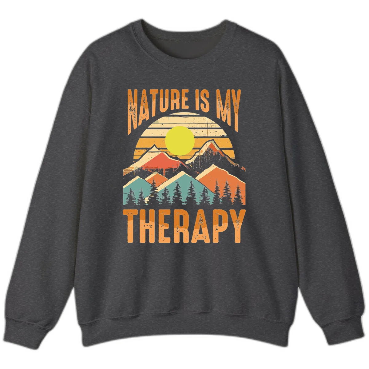 Vintage-style nature is my therapy design featuring layered mountains, sun, and forest with retro stripes and distressed texture in Dark Heather