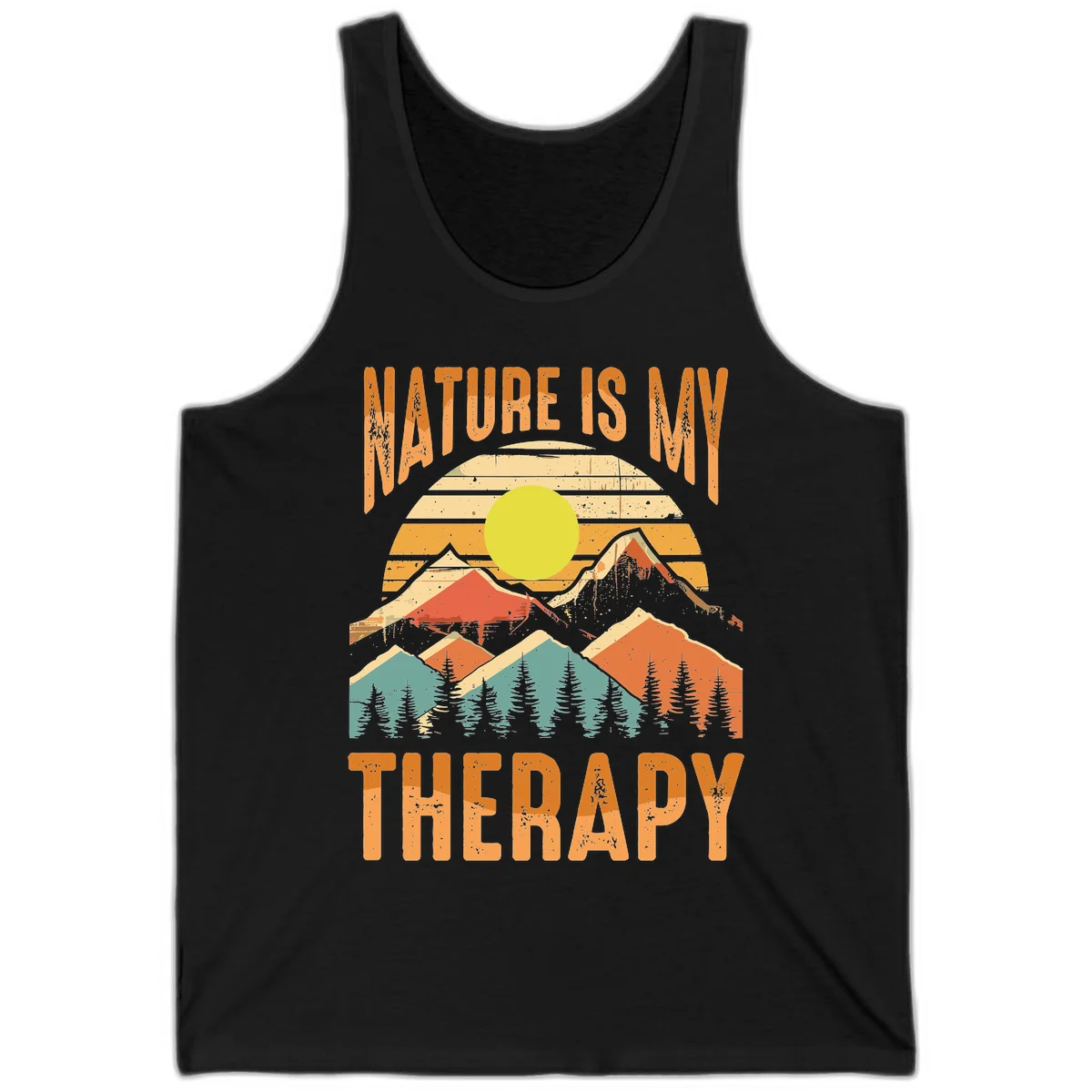 Vintage-style nature is my therapy design featuring layered mountains, sun, and forest with retro stripes and distressed texture in Black