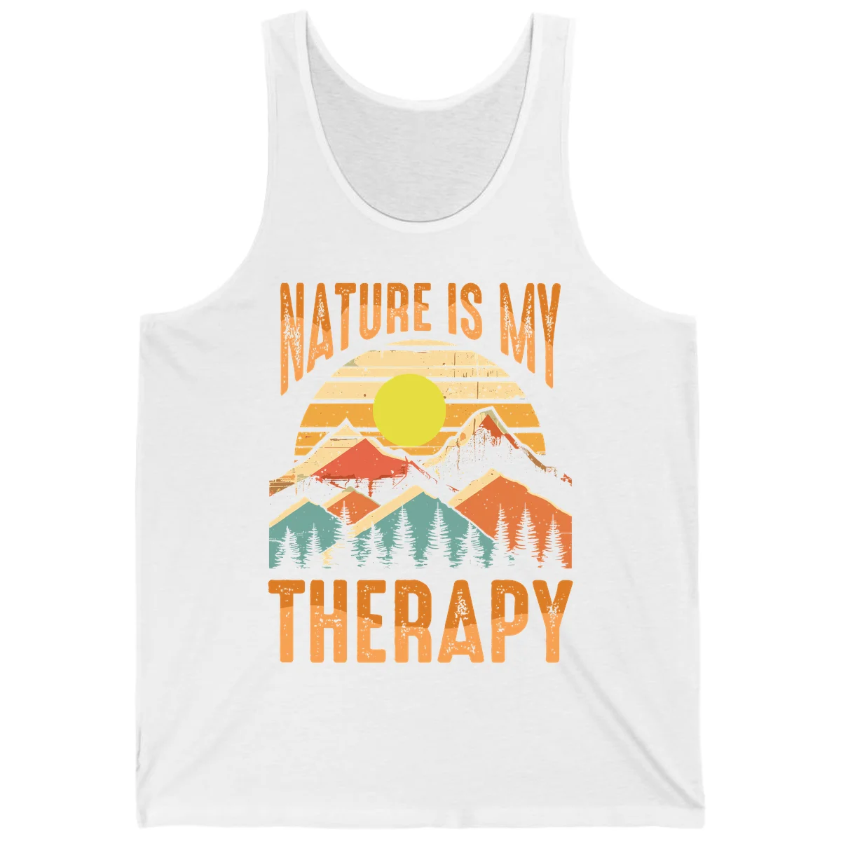 Vintage-style nature is my therapy design featuring layered mountains, sun, and forest with retro stripes and distressed texture in White