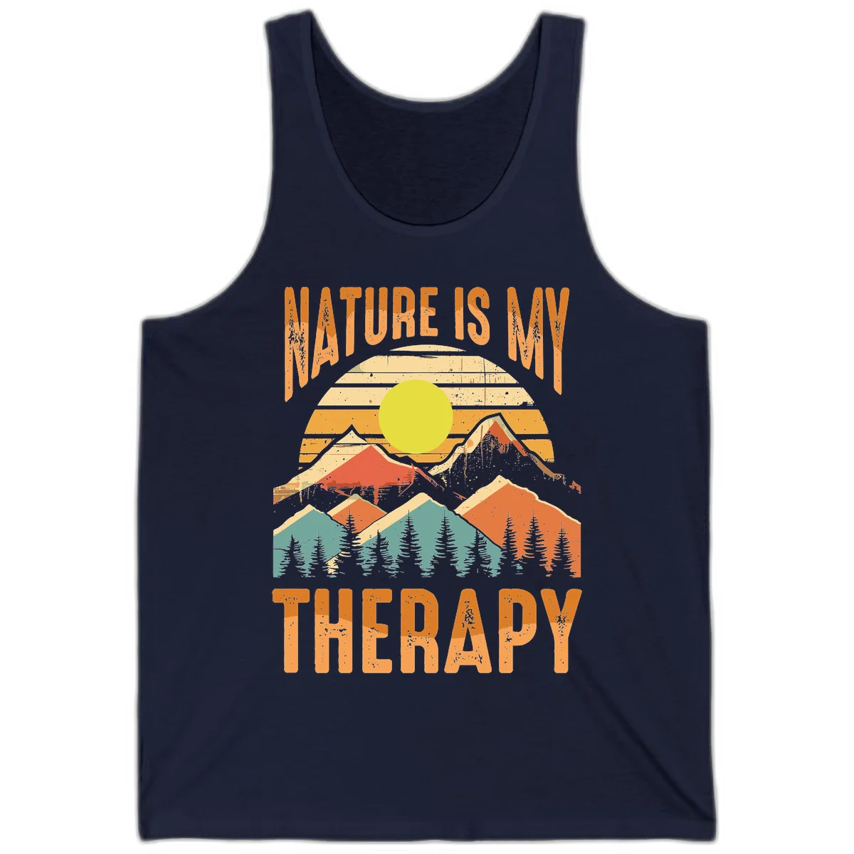 Vintage-style nature is my therapy design featuring layered mountains, sun, and forest with retro stripes and distressed texture in Navy