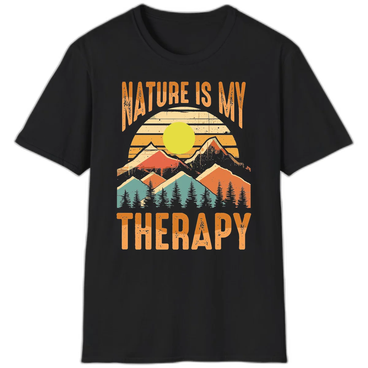 Vintage-style nature is my therapy design featuring layered mountains, sun, and forest with retro stripes and distressed texture in Black