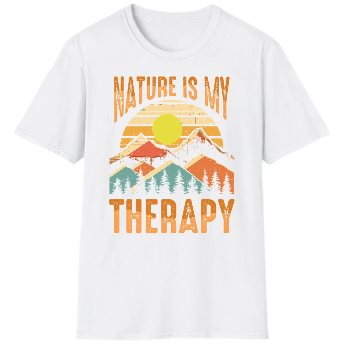 Vintage-style nature is my therapy design featuring layered mountains, sun, and forest with retro stripes and distressed texture in White