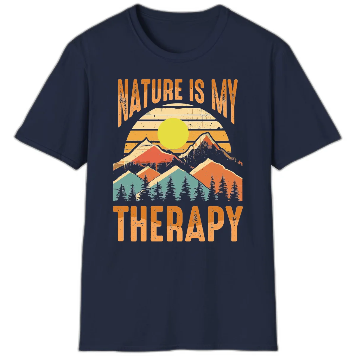 Vintage-style nature is my therapy design featuring layered mountains, sun, and forest with retro stripes and distressed texture in Navy