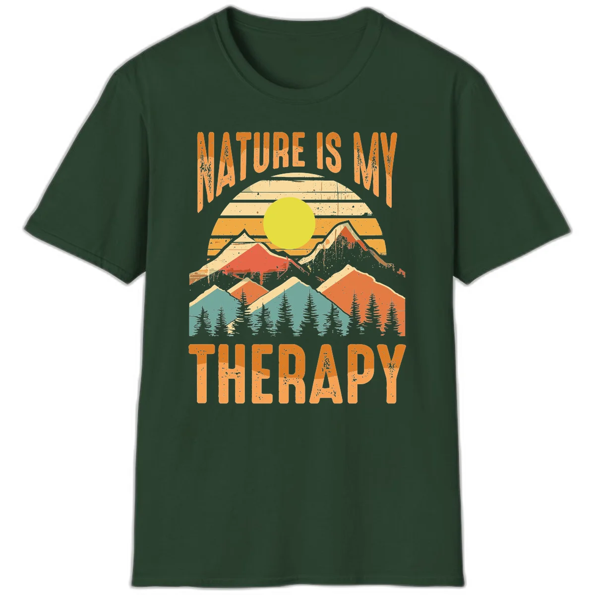 Vintage-style nature is my therapy design featuring layered mountains, sun, and forest with retro stripes and distressed texture in Forest Green