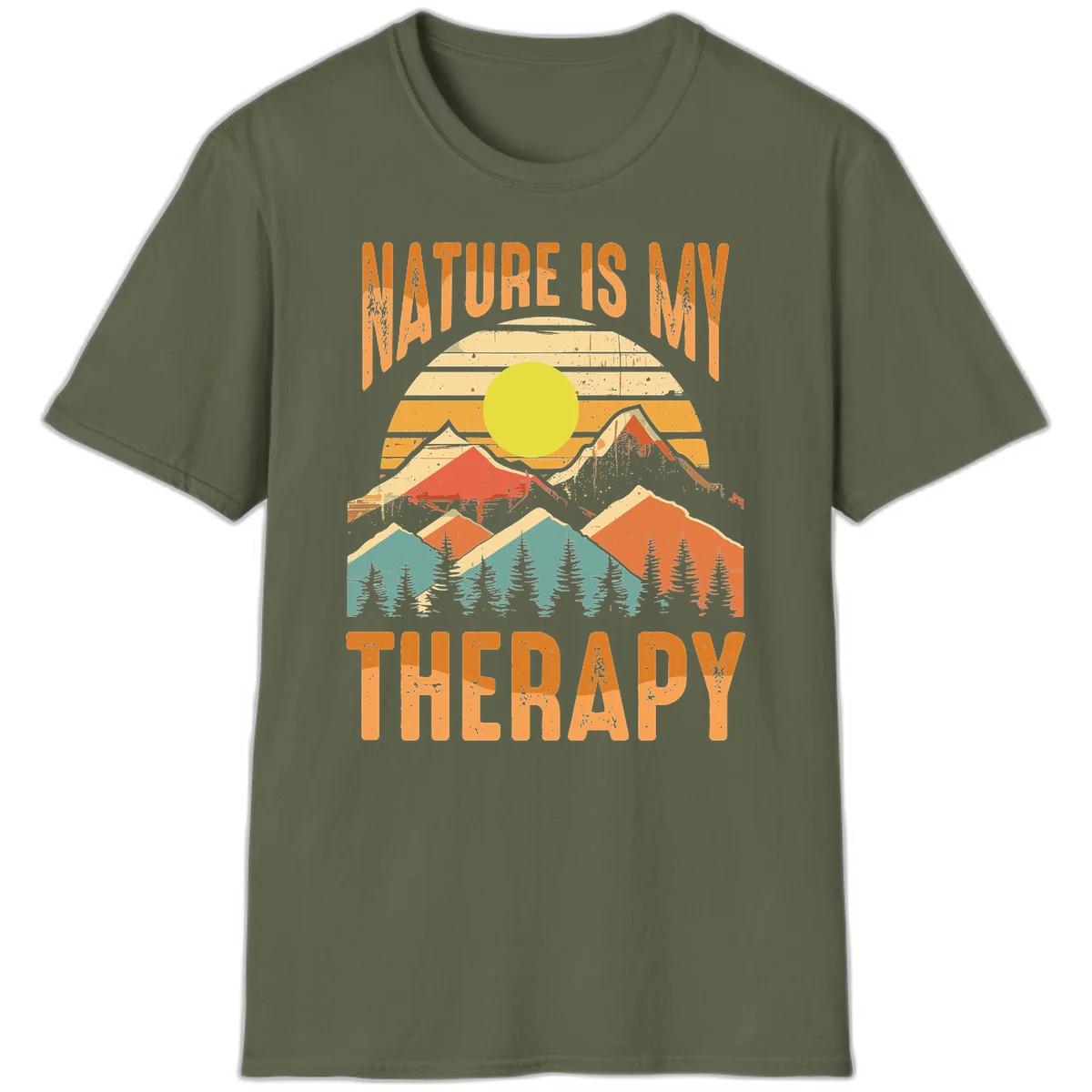 Vintage-style nature is my therapy design featuring layered mountains, sun, and forest with retro stripes and distressed texture in Military Green