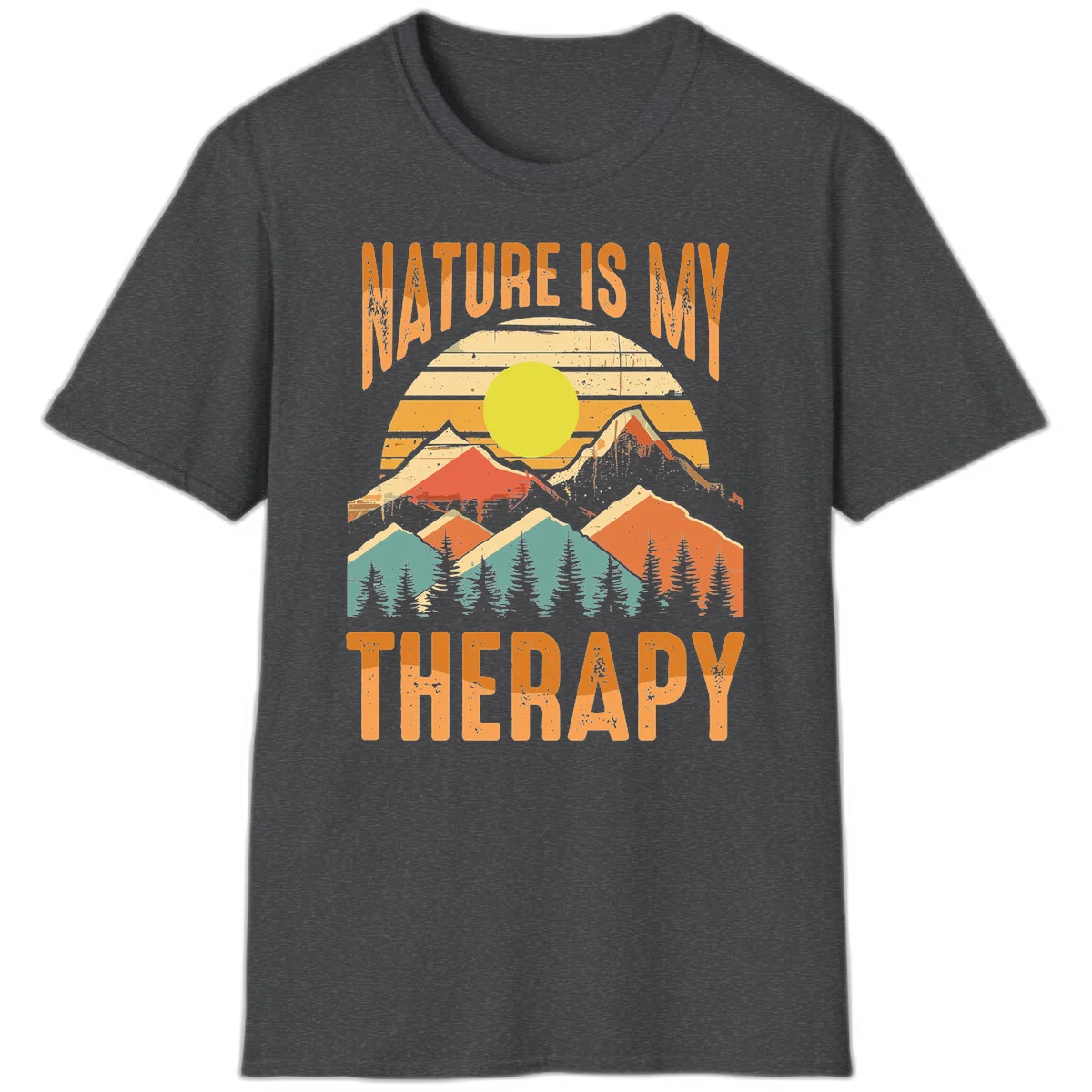 Vintage-style nature is my therapy design featuring layered mountains, sun, and forest with retro stripes and distressed texture in Dark Heather