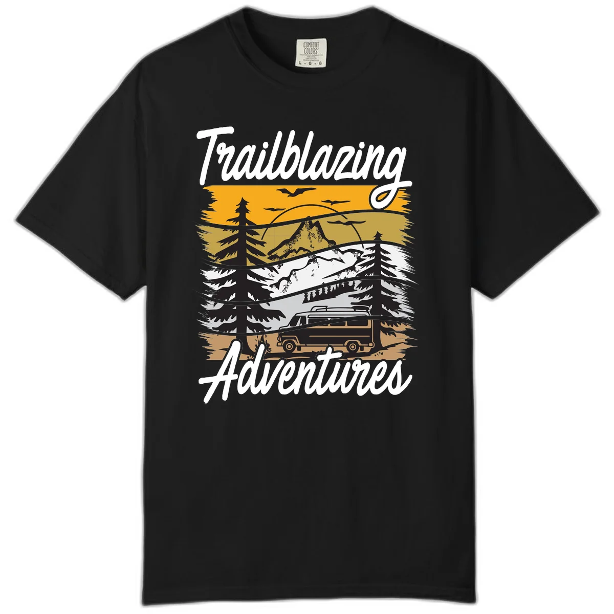 Layered mountain landscape with camping van, evergreen trees, and snowy peaks under golden sky with 'Trailblazing Adventures' text in Black