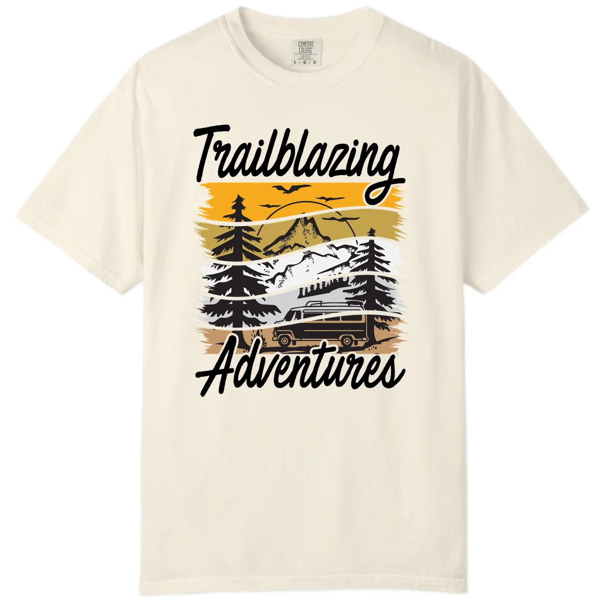 Layered mountain landscape with camping van, evergreen trees, and snowy peaks under golden sky with 'Trailblazing Adventures' text in Ivory