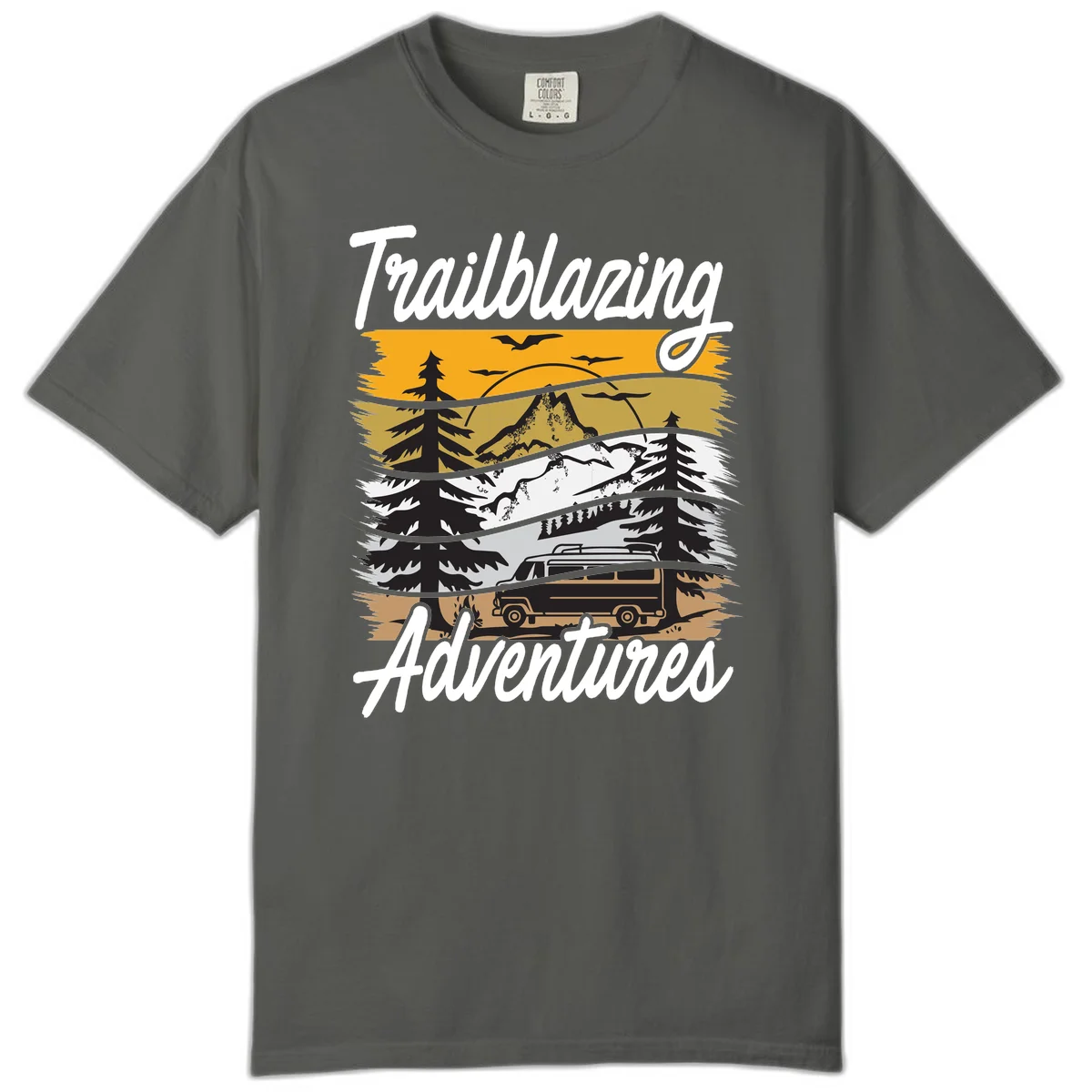 Layered mountain landscape with camping van, evergreen trees, and snowy peaks under golden sky with 'Trailblazing Adventures' text in Pepper