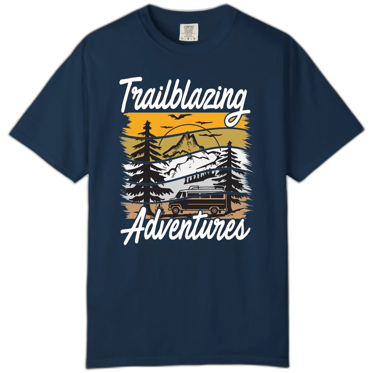 Layered mountain landscape with camping van, evergreen trees, and snowy peaks under golden sky with 'Trailblazing Adventures' text in True Navy