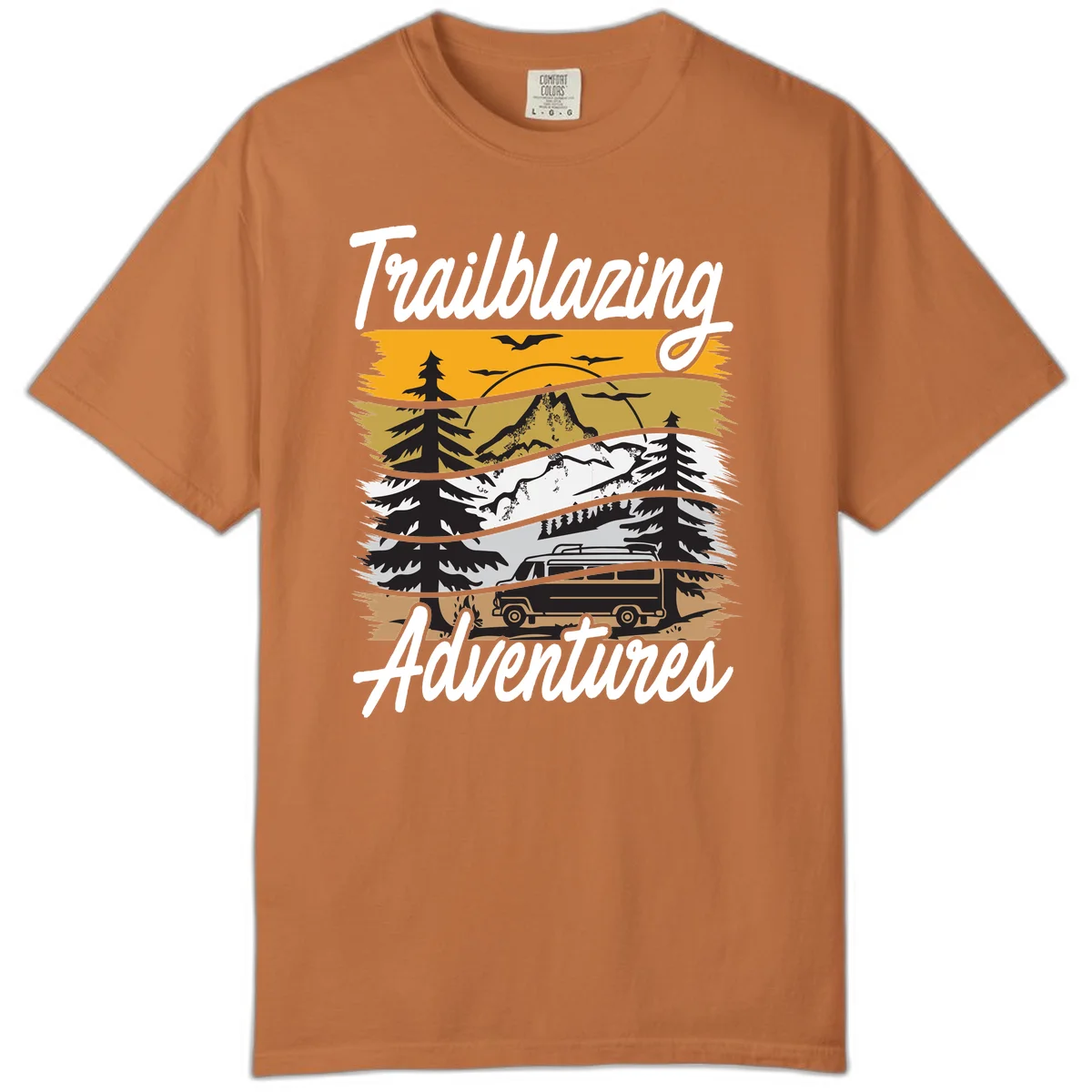 Layered mountain landscape with camping van, evergreen trees, and snowy peaks under golden sky with 'Trailblazing Adventures' text in Yam