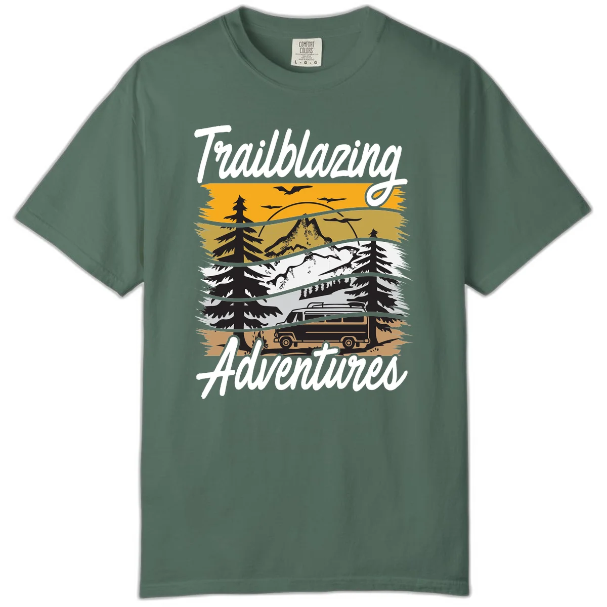 Layered mountain landscape with camping van, evergreen trees, and snowy peaks under golden sky with 'Trailblazing Adventures' text in Blue Spruce