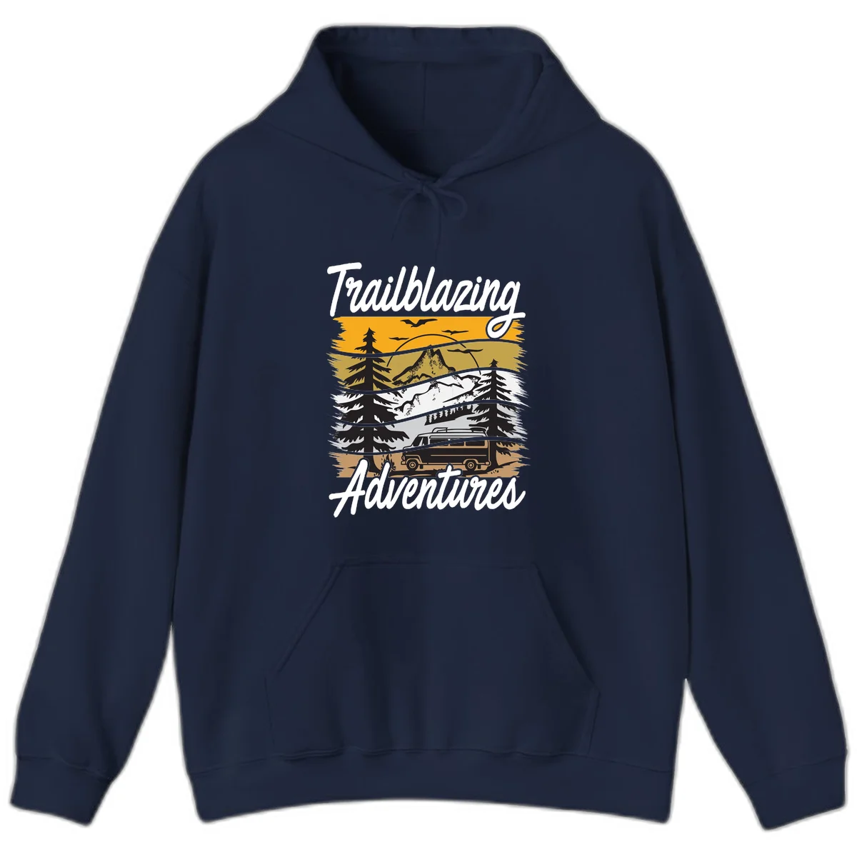 Layered mountain landscape with camping van, evergreen trees, and snowy peaks under golden sky with 'Trailblazing Adventures' text in Navy