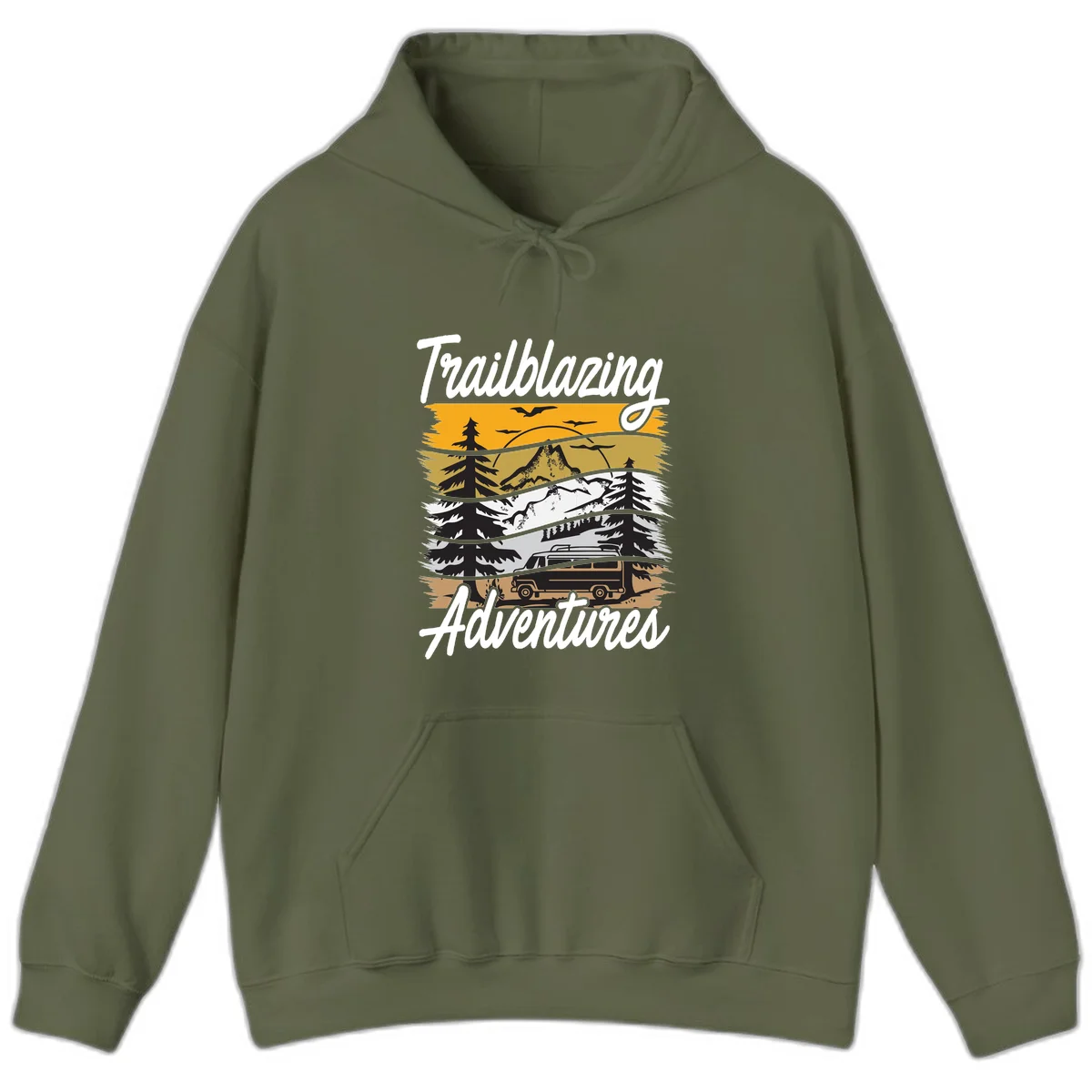 Layered mountain landscape with camping van, evergreen trees, and snowy peaks under golden sky with 'Trailblazing Adventures' text in Military Green