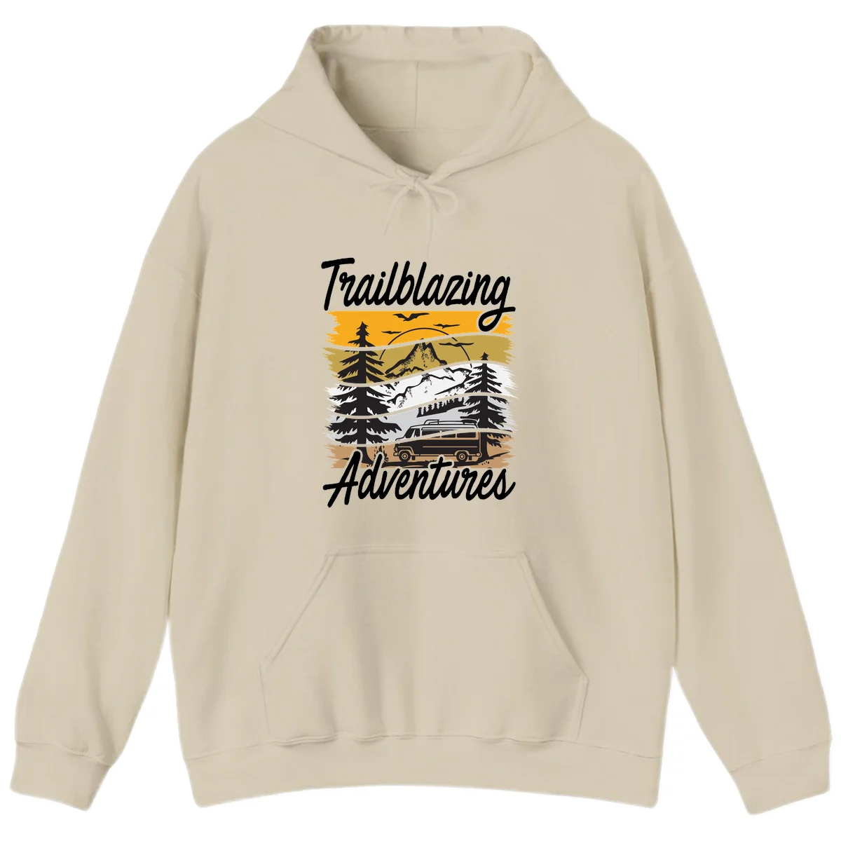 Layered mountain landscape with camping van, evergreen trees, and snowy peaks under golden sky with 'Trailblazing Adventures' text in Sand