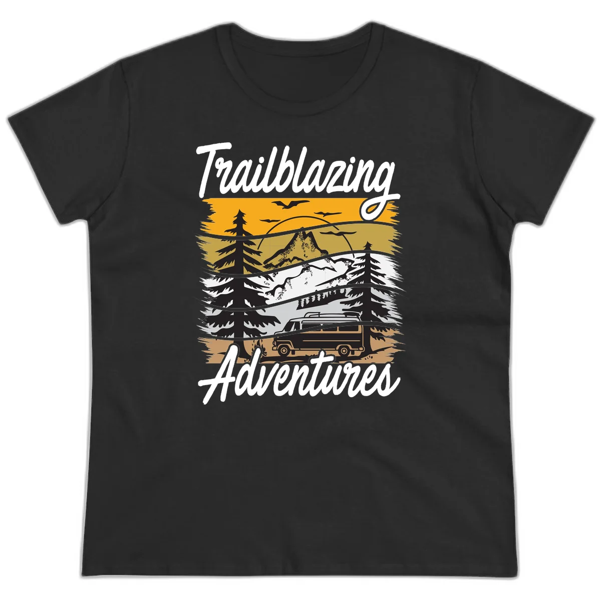 Layered mountain landscape with camping van, evergreen trees, and snowy peaks under golden sky with 'Trailblazing Adventures' text in Black
