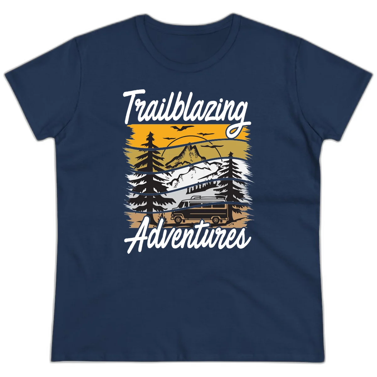 Layered mountain landscape with camping van, evergreen trees, and snowy peaks under golden sky with 'Trailblazing Adventures' text in Navy