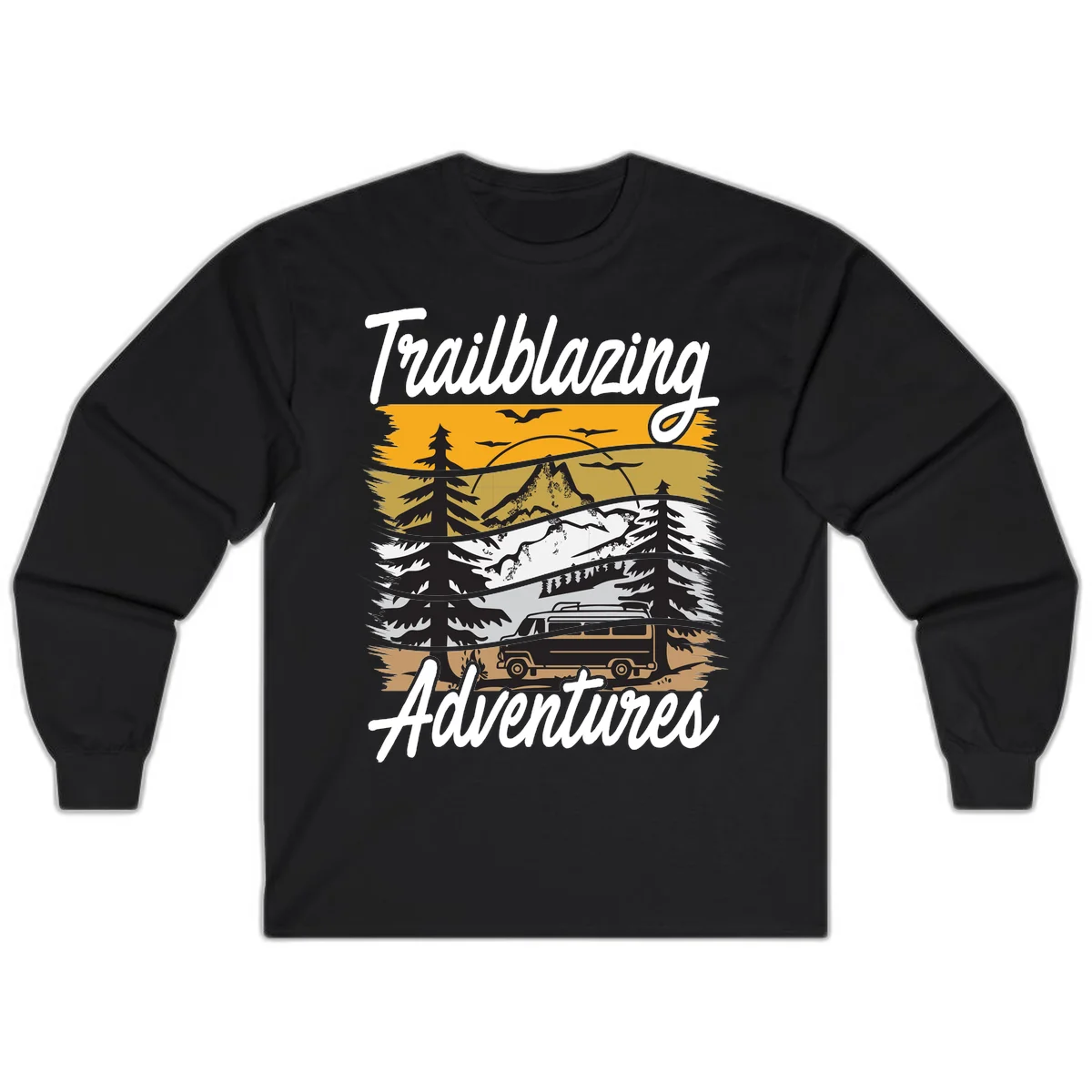 Layered mountain landscape with camping van, evergreen trees, and snowy peaks under golden sky with 'Trailblazing Adventures' text in Black