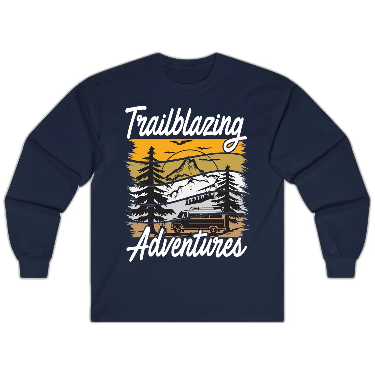Layered mountain landscape with camping van, evergreen trees, and snowy peaks under golden sky with 'Trailblazing Adventures' text in Navy