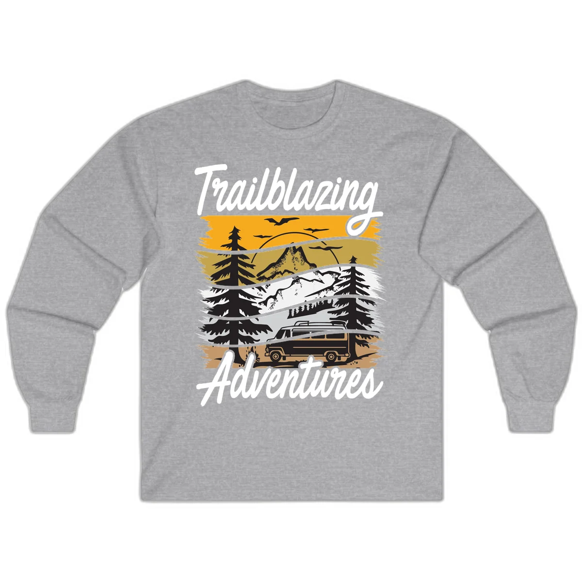 Layered mountain landscape with camping van, evergreen trees, and snowy peaks under golden sky with 'Trailblazing Adventures' text in Sport Grey
