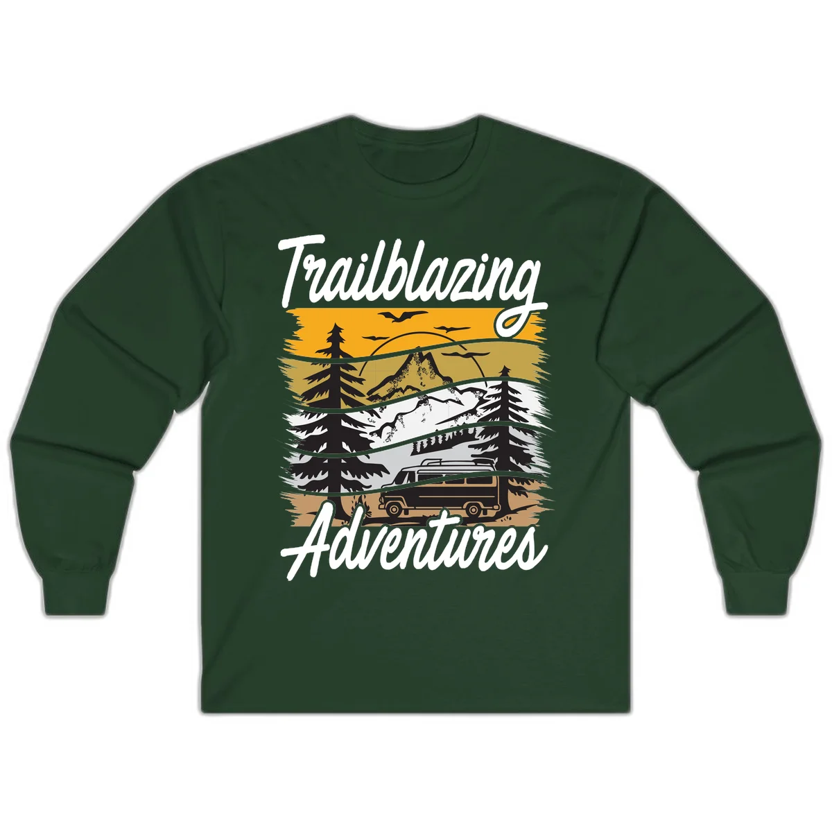 Layered mountain landscape with camping van, evergreen trees, and snowy peaks under golden sky with 'Trailblazing Adventures' text in Forest Green