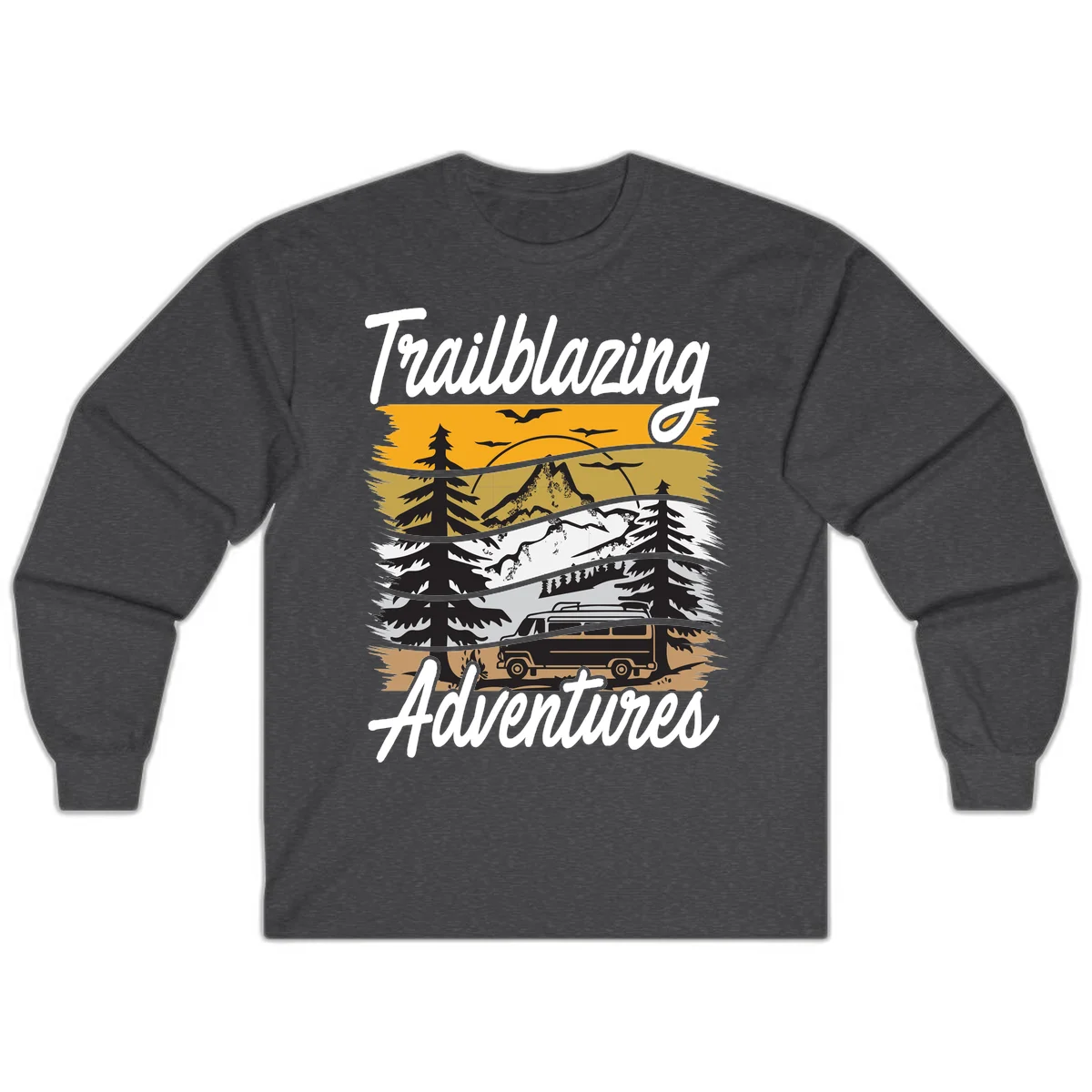 Layered mountain landscape with camping van, evergreen trees, and snowy peaks under golden sky with 'Trailblazing Adventures' text in Dark Heather