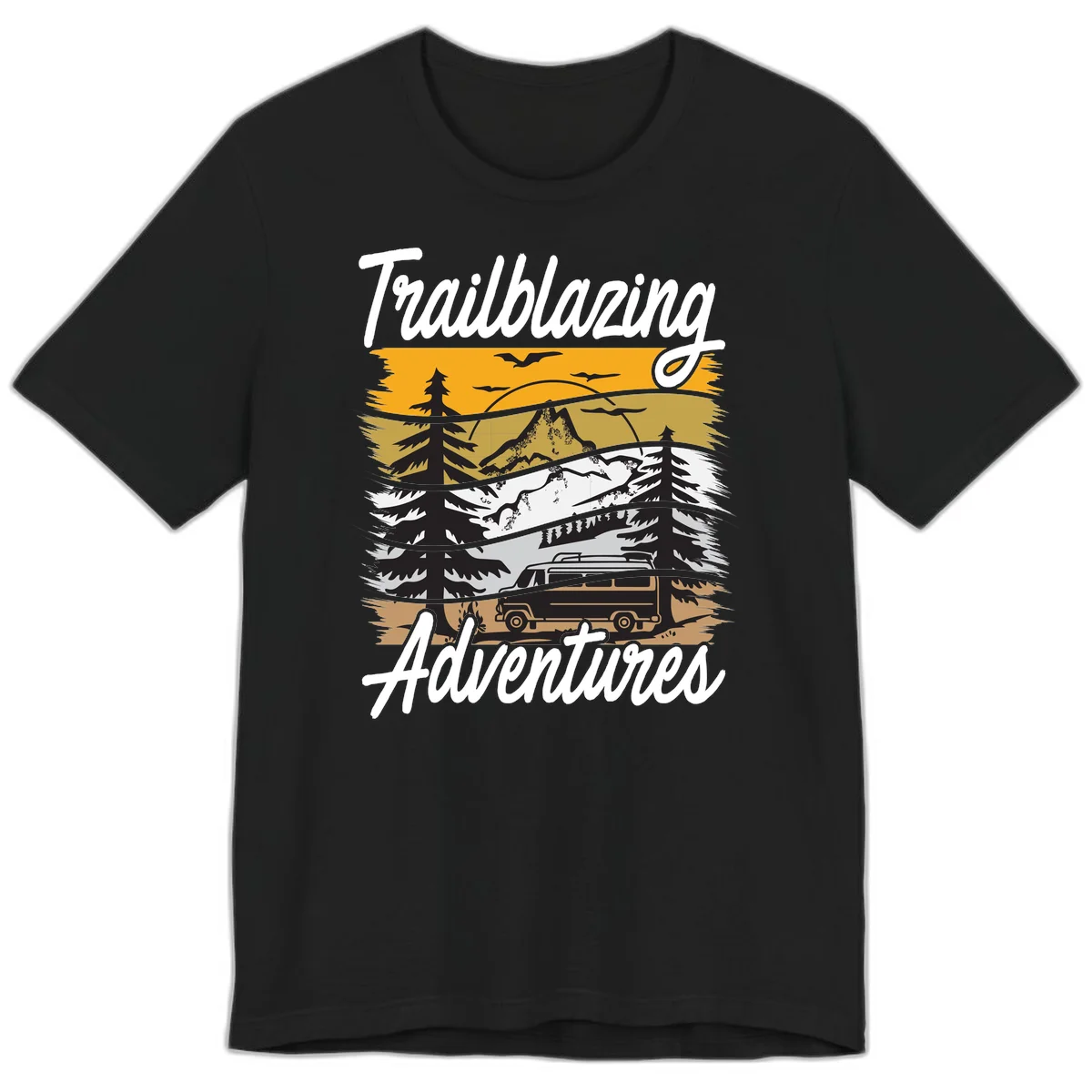 Layered mountain landscape with camping van, evergreen trees, and snowy peaks under golden sky with 'Trailblazing Adventures' text in Black