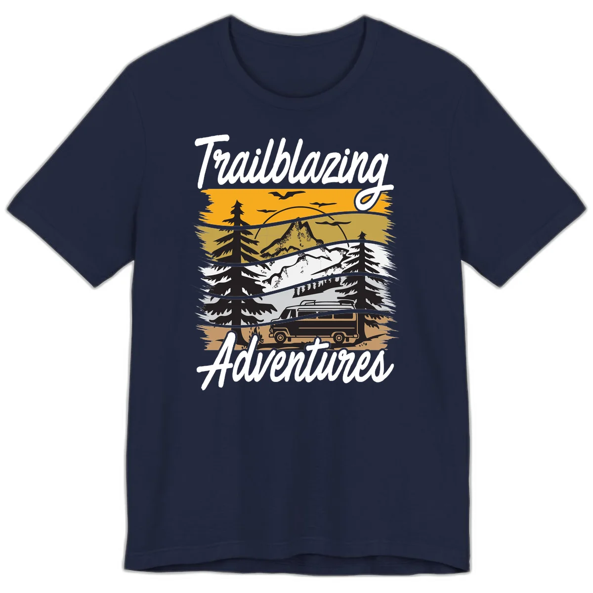 Layered mountain landscape with camping van, evergreen trees, and snowy peaks under golden sky with 'Trailblazing Adventures' text in Navy