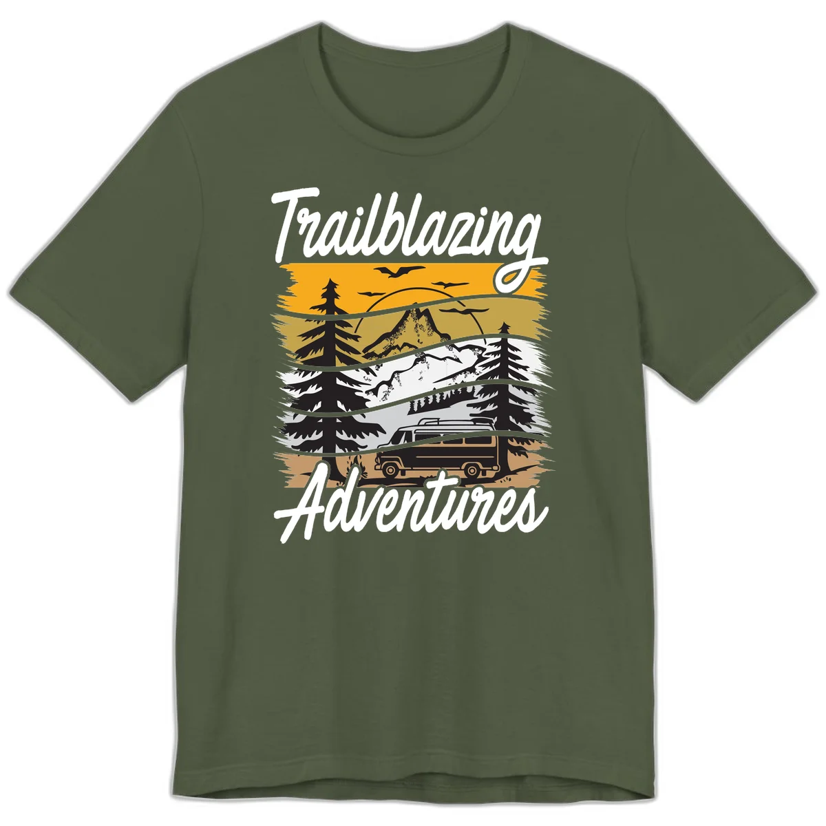 Layered mountain landscape with camping van, evergreen trees, and snowy peaks under golden sky with 'Trailblazing Adventures' text in Military Green