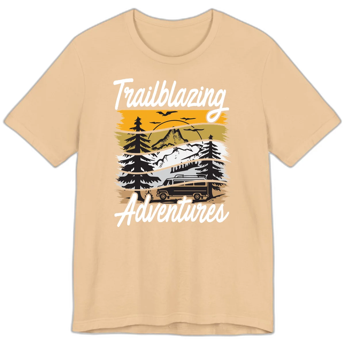 Layered mountain landscape with camping van, evergreen trees, and snowy peaks under golden sky with 'Trailblazing Adventures' text in Sand Dune