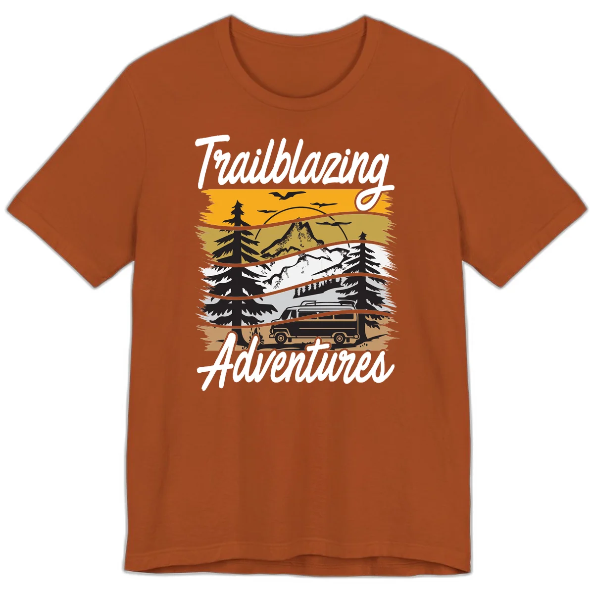 Layered mountain landscape with camping van, evergreen trees, and snowy peaks under golden sky with 'Trailblazing Adventures' text in Autumn