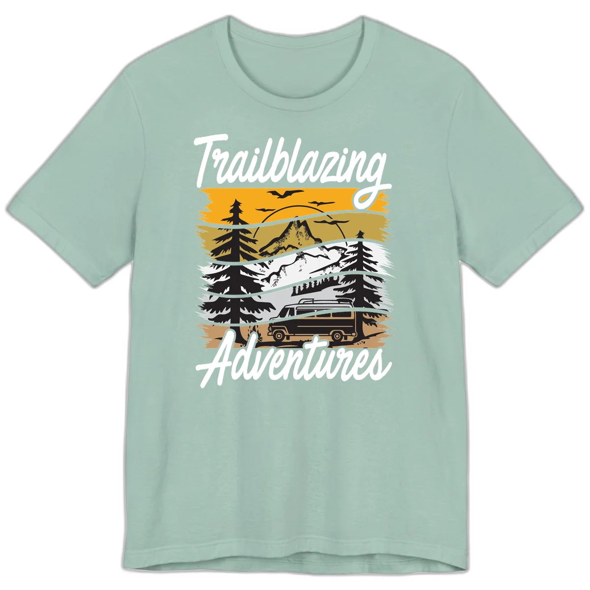 Layered mountain landscape with camping van, evergreen trees, and snowy peaks under golden sky with 'Trailblazing Adventures' text in Dusty Blue