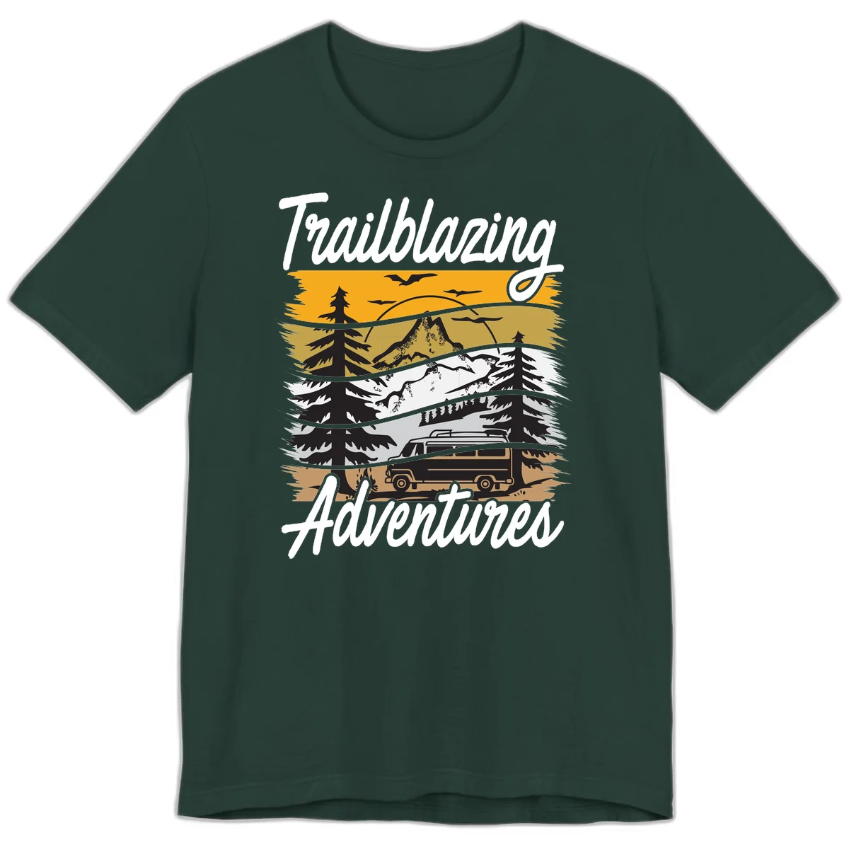 Layered mountain landscape with camping van, evergreen trees, and snowy peaks under golden sky with 'Trailblazing Adventures' text in Forest