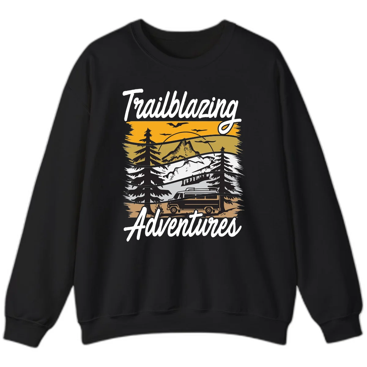 Layered mountain landscape with camping van, evergreen trees, and snowy peaks under golden sky with 'Trailblazing Adventures' text in Black