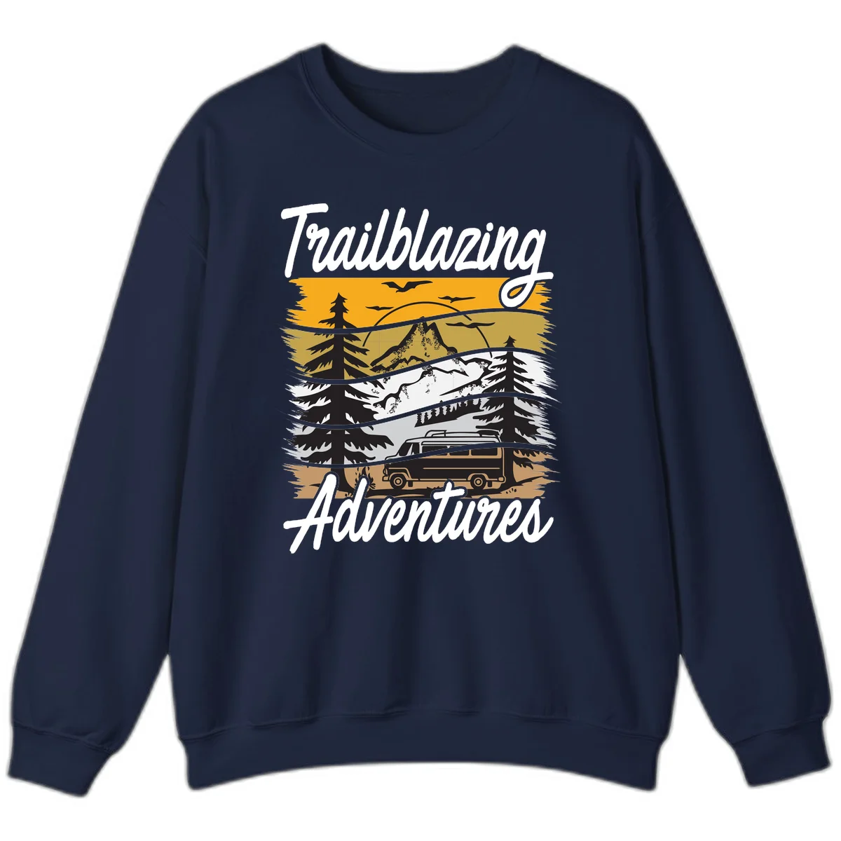 Layered mountain landscape with camping van, evergreen trees, and snowy peaks under golden sky with 'Trailblazing Adventures' text in Navy