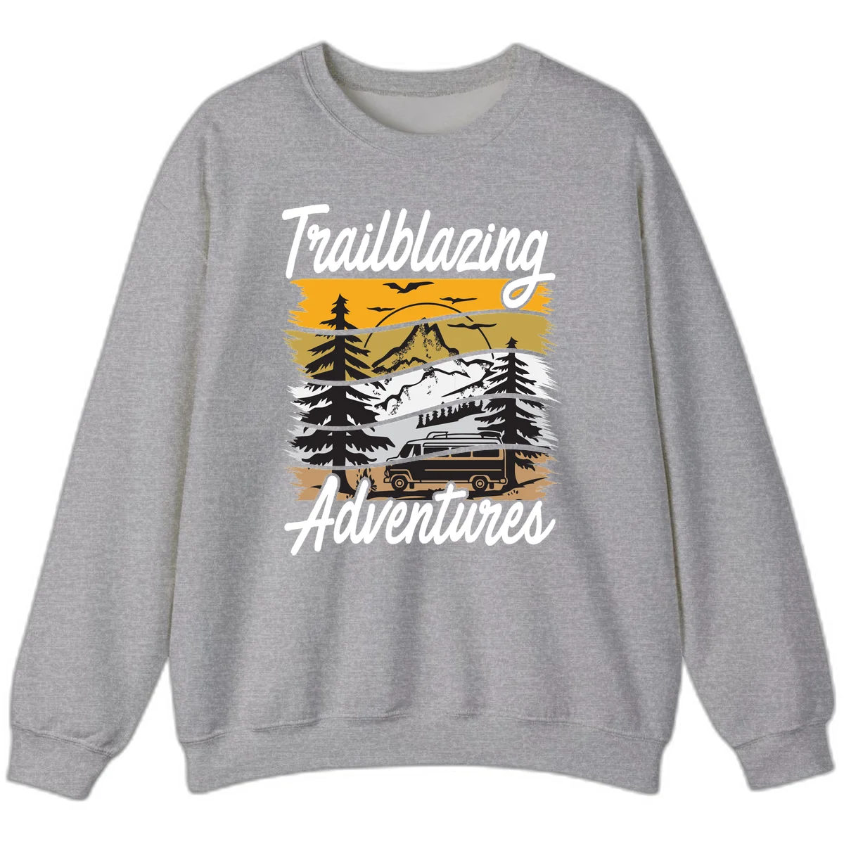 Layered mountain landscape with camping van, evergreen trees, and snowy peaks under golden sky with 'Trailblazing Adventures' text in Sport Grey
