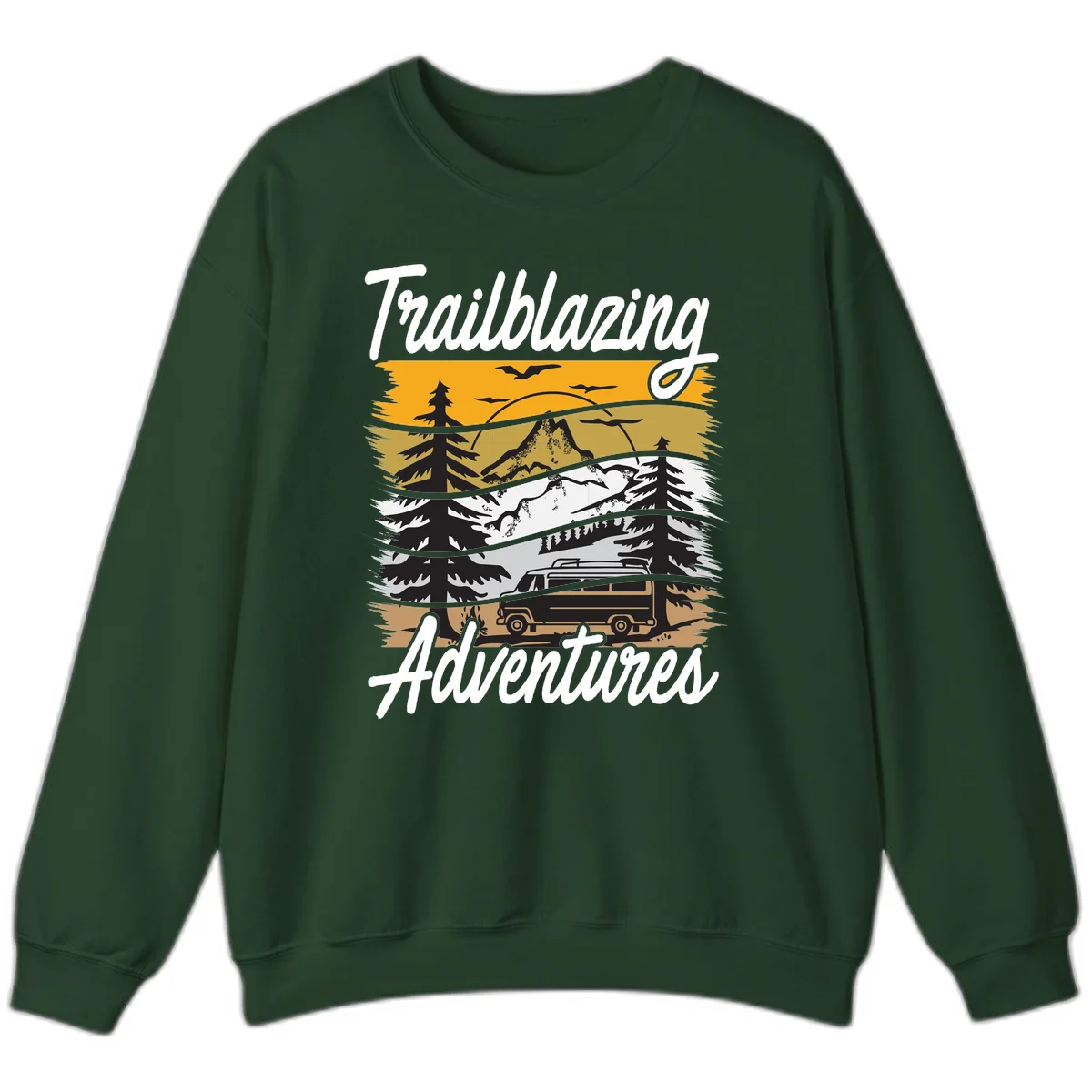 Layered mountain landscape with camping van, evergreen trees, and snowy peaks under golden sky with 'Trailblazing Adventures' text in Forest Green