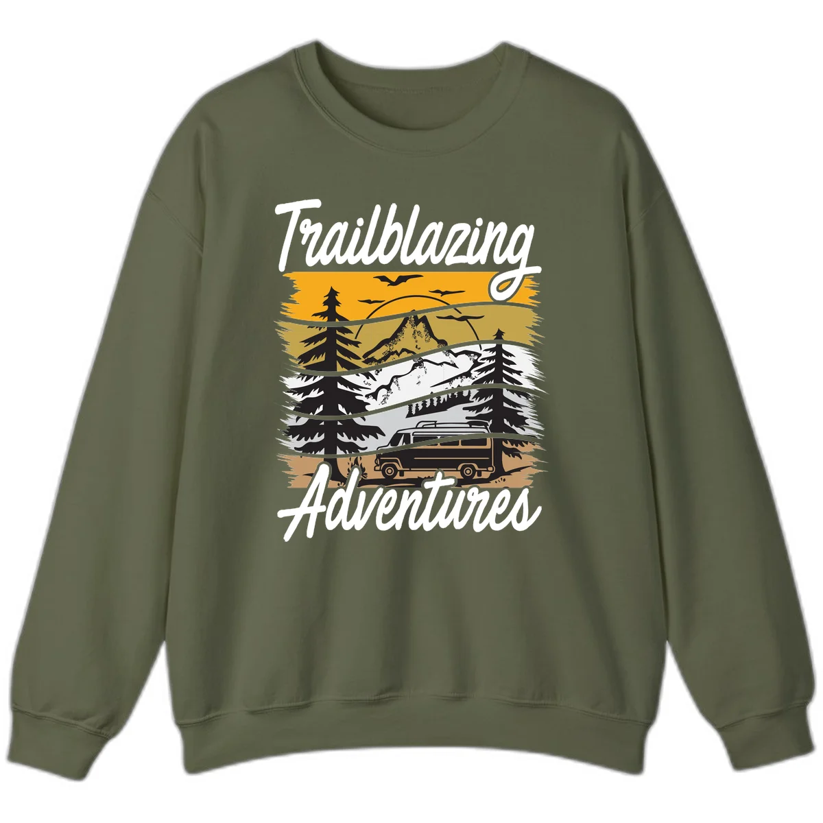 Layered mountain landscape with camping van, evergreen trees, and snowy peaks under golden sky with 'Trailblazing Adventures' text in Military Green