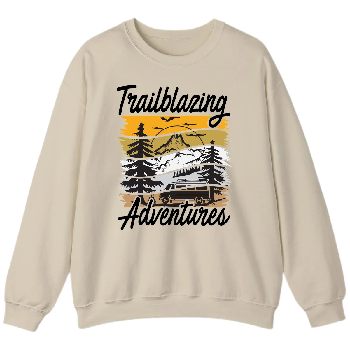 Layered mountain landscape with camping van, evergreen trees, and snowy peaks under golden sky with 'Trailblazing Adventures' text in Sand