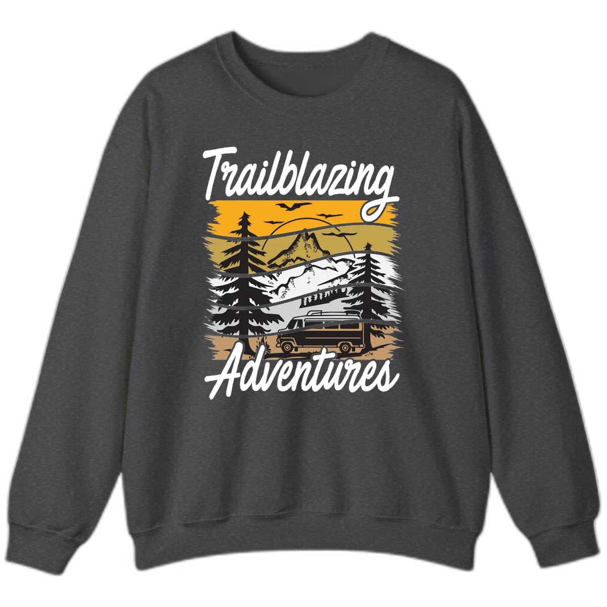 Layered mountain landscape with camping van, evergreen trees, and snowy peaks under golden sky with 'Trailblazing Adventures' text in Dark Heather