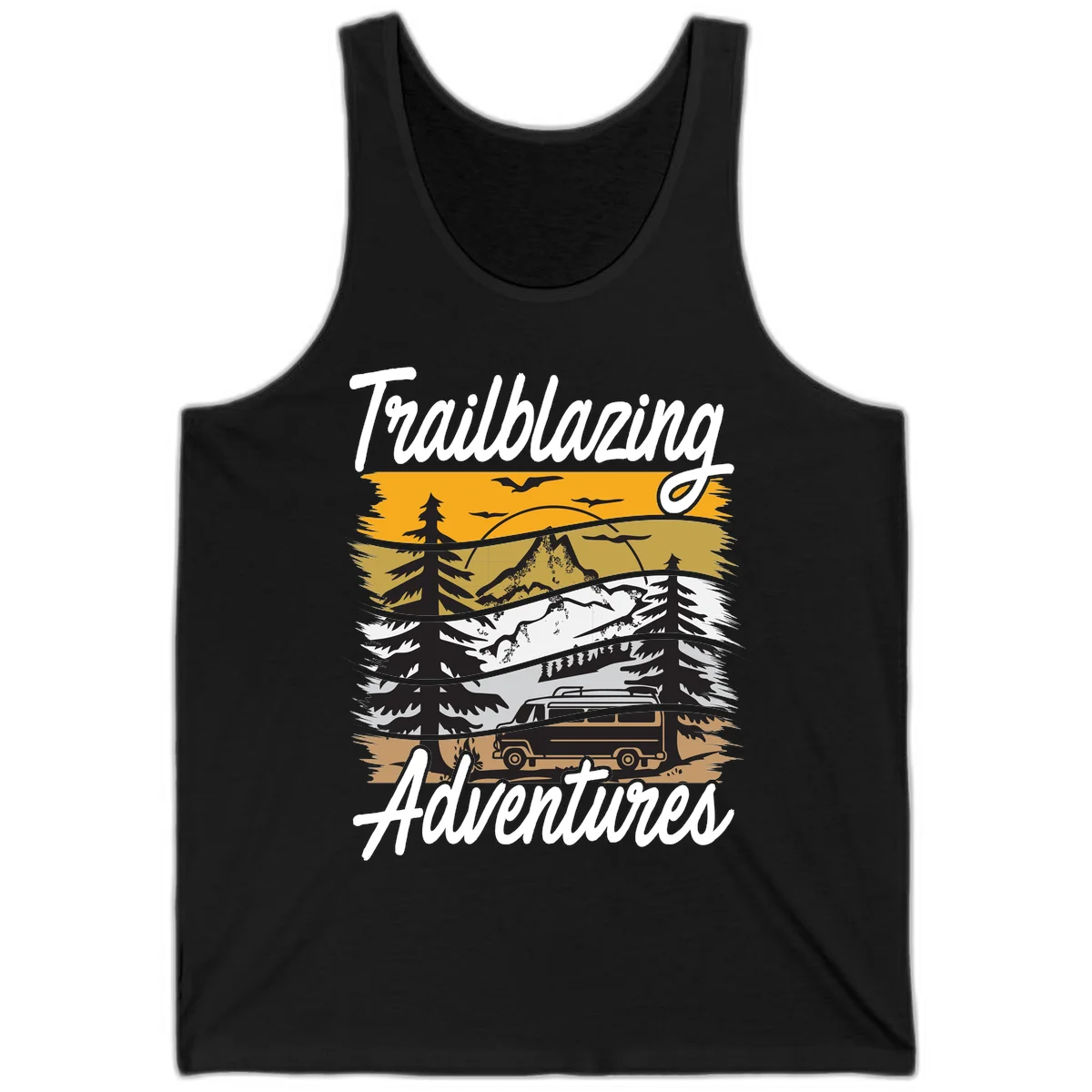 Layered mountain landscape with camping van, evergreen trees, and snowy peaks under golden sky with 'Trailblazing Adventures' text in Black