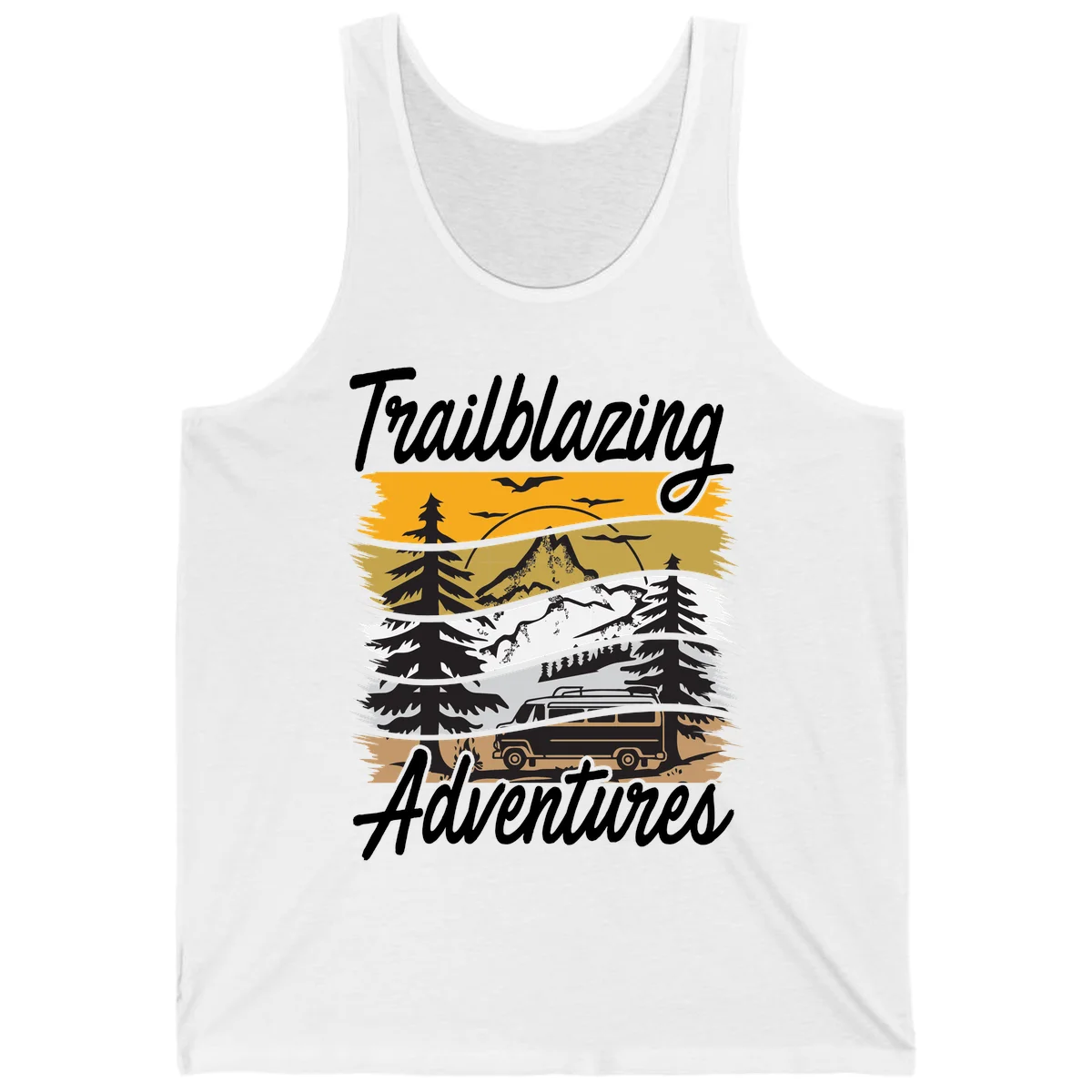 Layered mountain landscape with camping van, evergreen trees, and snowy peaks under golden sky with 'Trailblazing Adventures' text in White