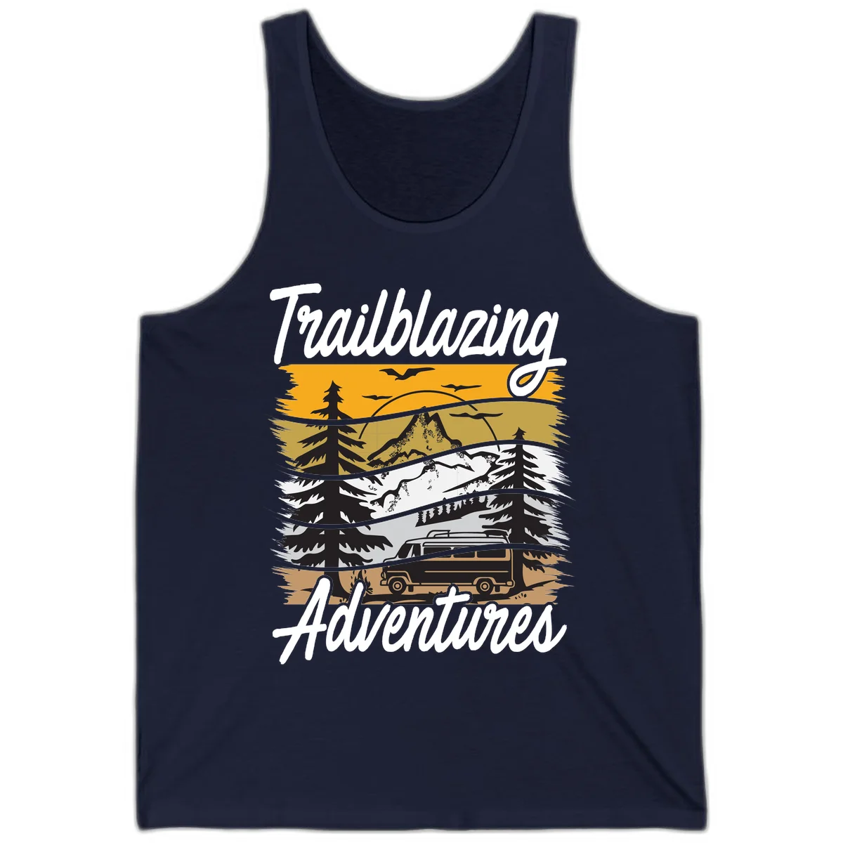 Layered mountain landscape with camping van, evergreen trees, and snowy peaks under golden sky with 'Trailblazing Adventures' text in Navy