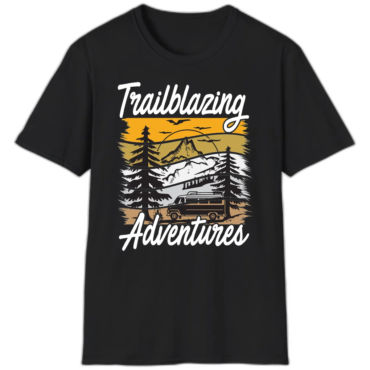 Layered mountain landscape with camping van, evergreen trees, and snowy peaks under golden sky with 'Trailblazing Adventures' text in Black