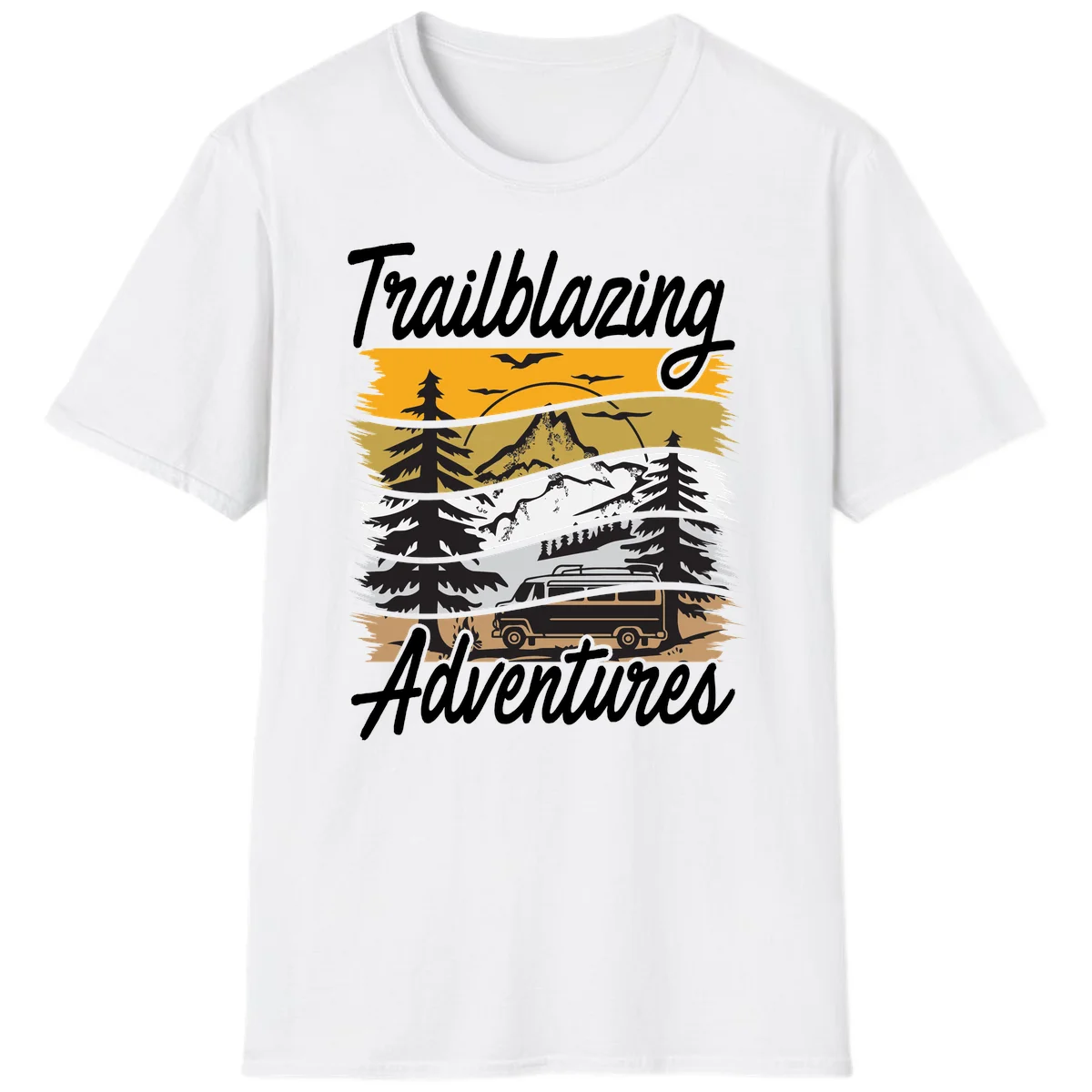Layered mountain landscape with camping van, evergreen trees, and snowy peaks under golden sky with 'Trailblazing Adventures' text in White