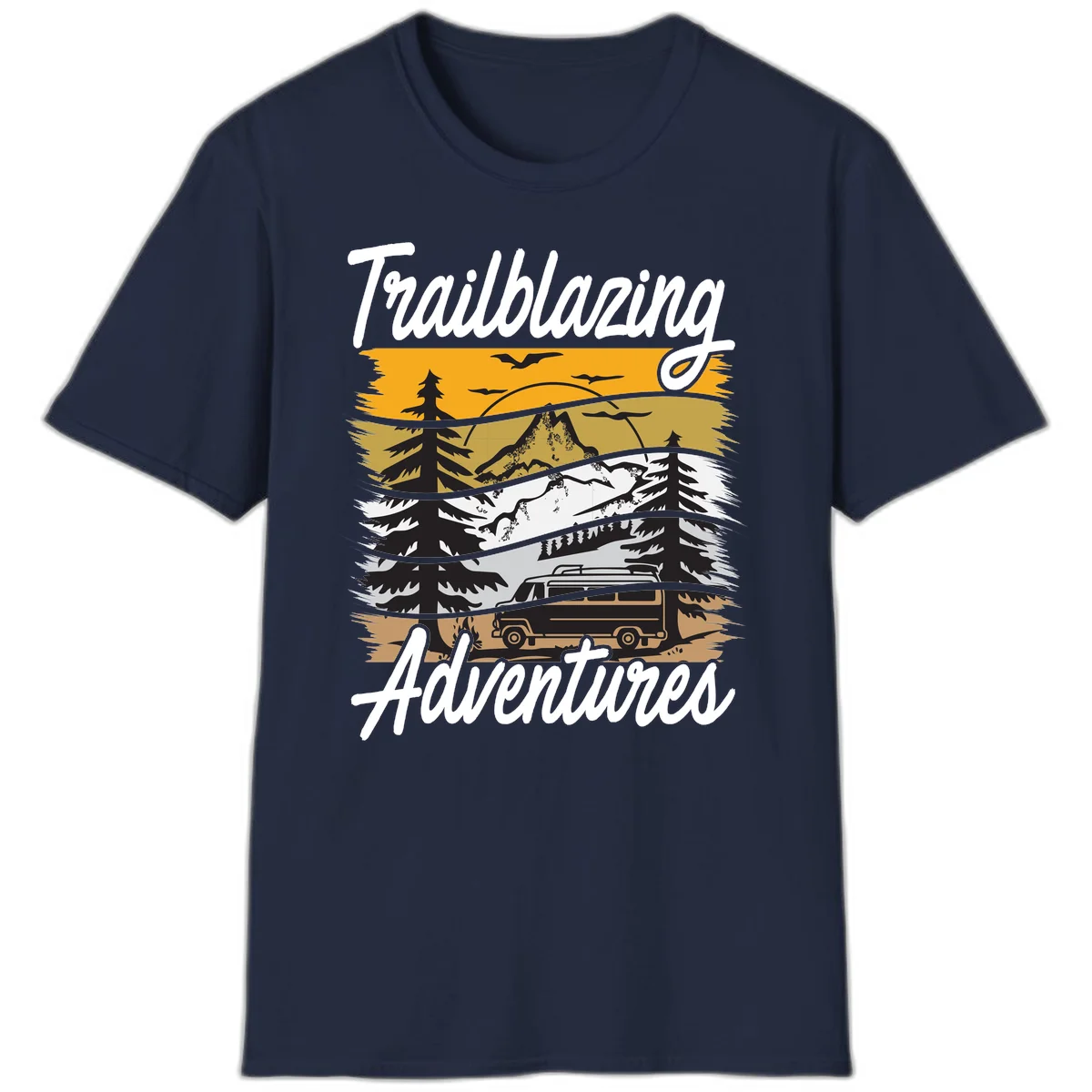 Layered mountain landscape with camping van, evergreen trees, and snowy peaks under golden sky with 'Trailblazing Adventures' text in Navy