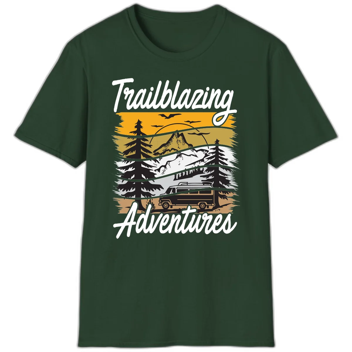 Layered mountain landscape with camping van, evergreen trees, and snowy peaks under golden sky with 'Trailblazing Adventures' text in Forest Green